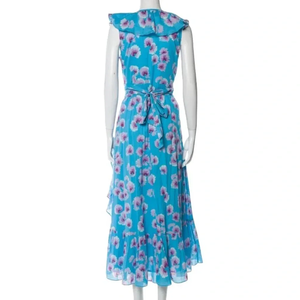 NWT Banjanan Anthropologie Elise Cotton Floral Wrap Midi Dress Blue Size XS - Image 5