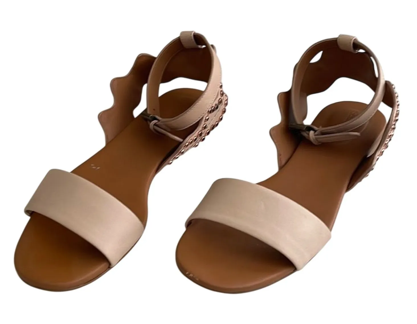 See By Chloe Flat Sandals Studded Scalloped Tan Leather Women Size 38.5 8.5 - Image 1