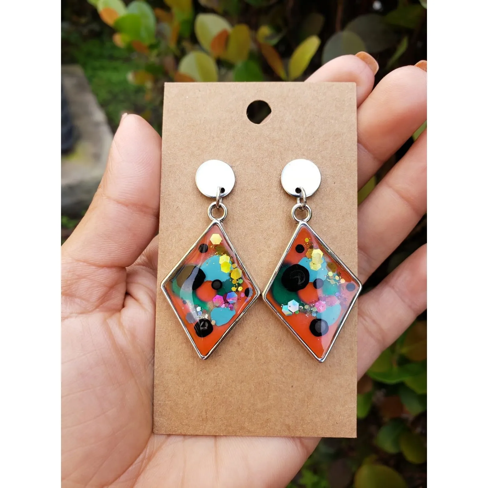 Diamond Shaped Abstract Colored Handmade Silver Earrings - Image 2