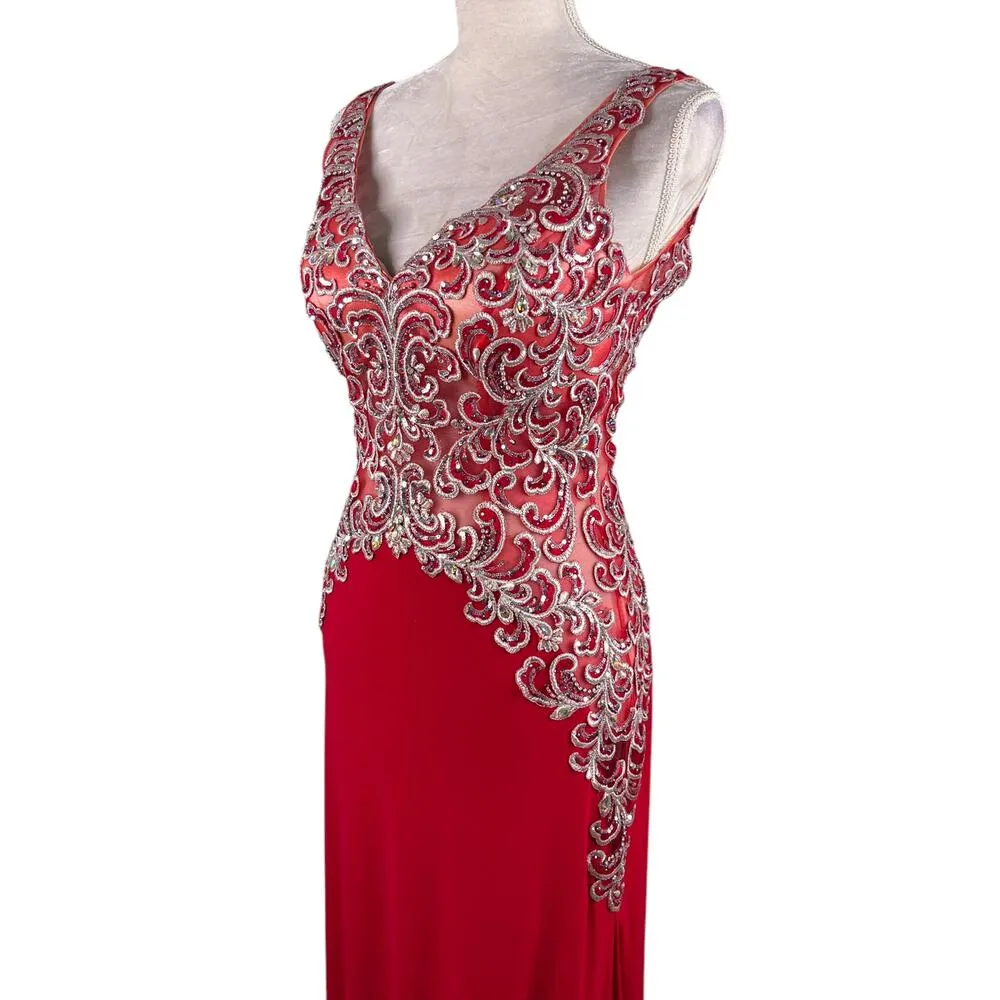 Jovani Prom Evening Gown Red 6 Beaded V-Neck  Back Zip Lined - Image 10