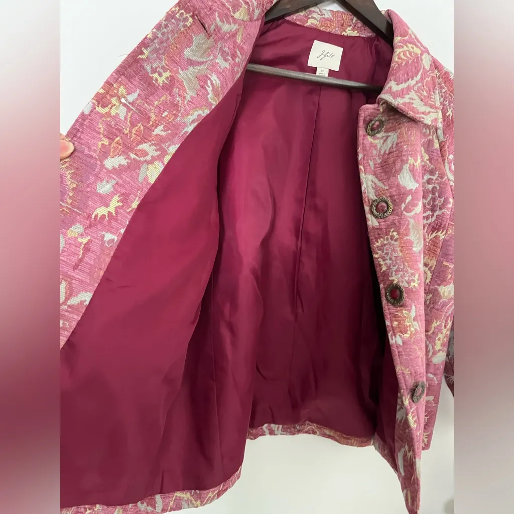 J.JILL Pink Floral Tapestry Retro Jewel Button Detail Classic Blazer Jacket Size M - Image 4