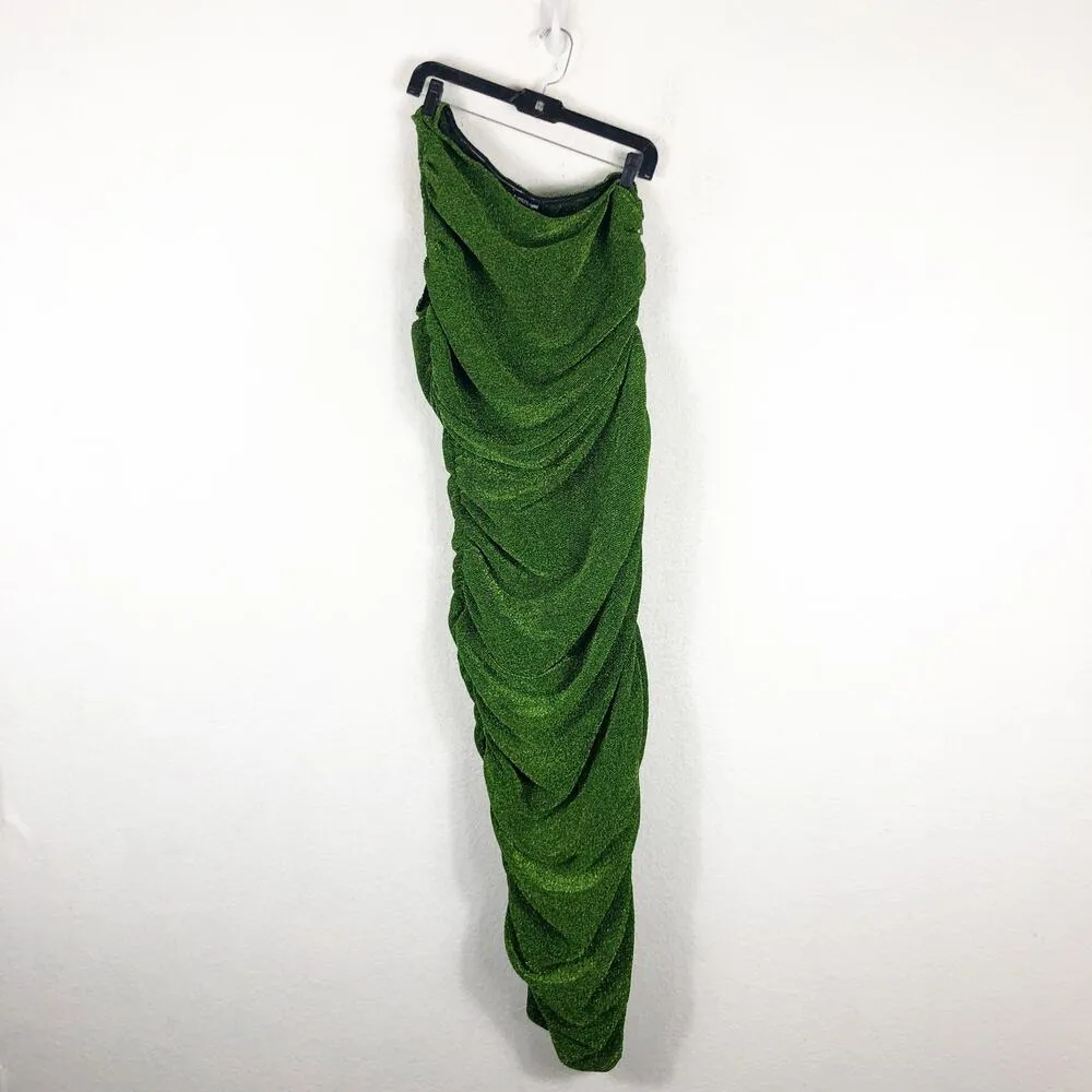 PrettyLittleThing Green Glitter Plisse Ruched One Shoulder Midi Dress Size 12 - Image 3