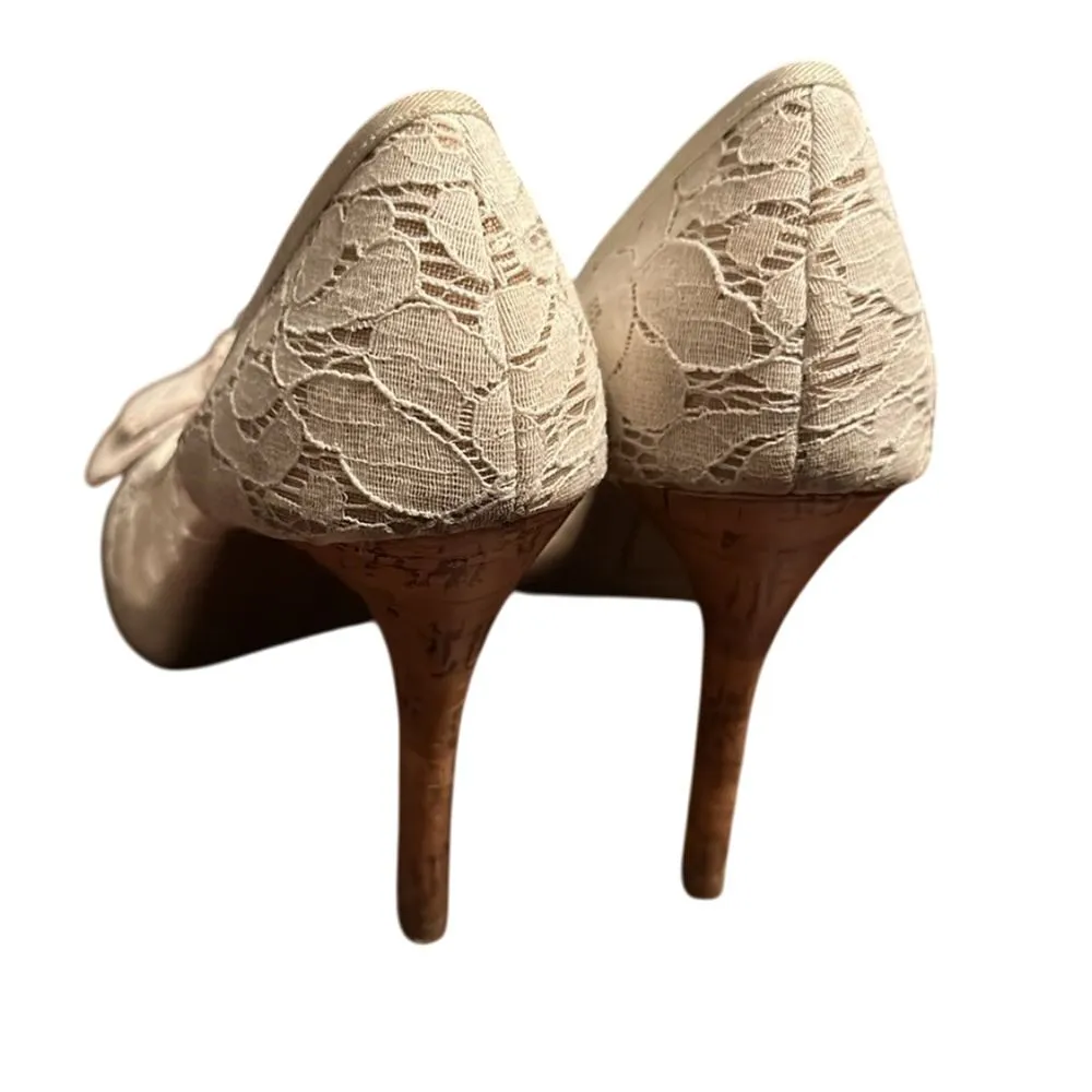 Christian Siriano Lace Peep Toe Bow Pumps Cork Heel Special Occasion Heels‎ Brown Size 11 - Image 3