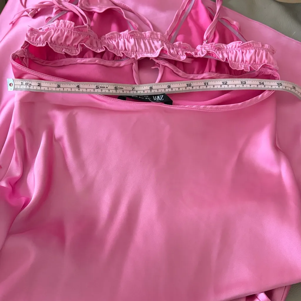 Zara Pink satin slip pink milkmaid, coquette, Barbie maxi dress open back size m - Image 11