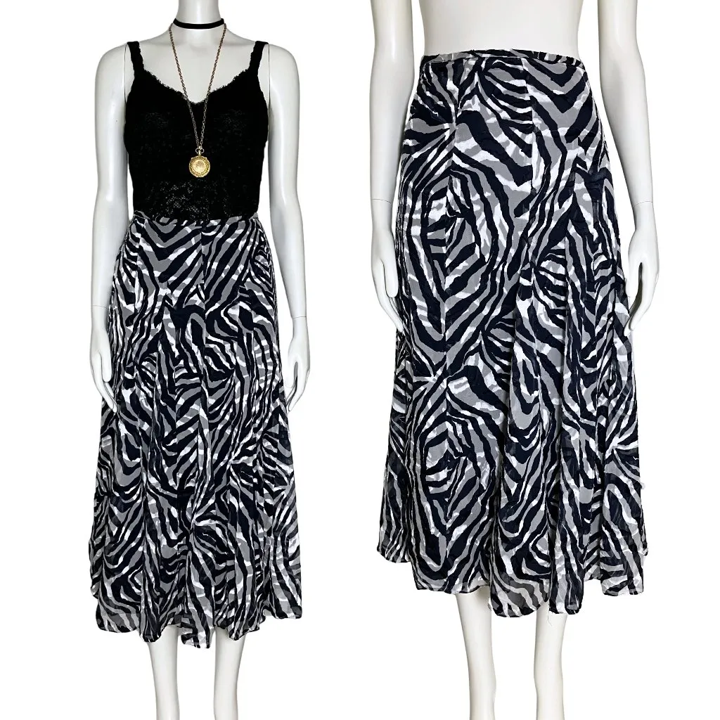 Navy Blue Zebra Print Silk Blend A Line Meurice Midi Skirt. Small 6. Boho Flowy - Image 2