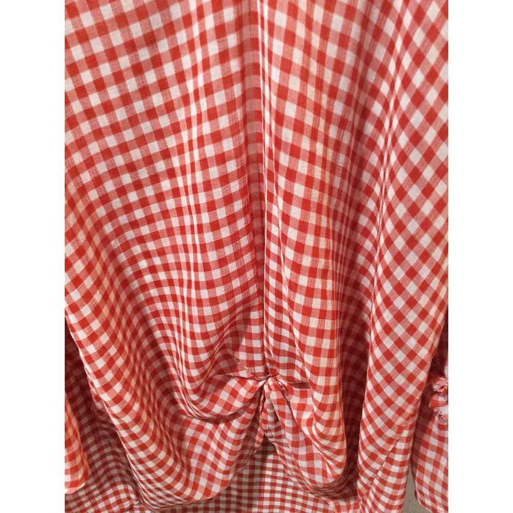 Pleione Large L tie front red checked sheer top ruffled long sleeve womens - Image 2