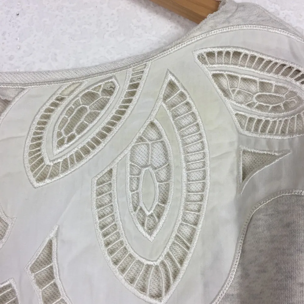 Free People Oatmeal Bell Sleeve Lasor Cut Out Lace Appliqué Sweatshirt Small - Image 11