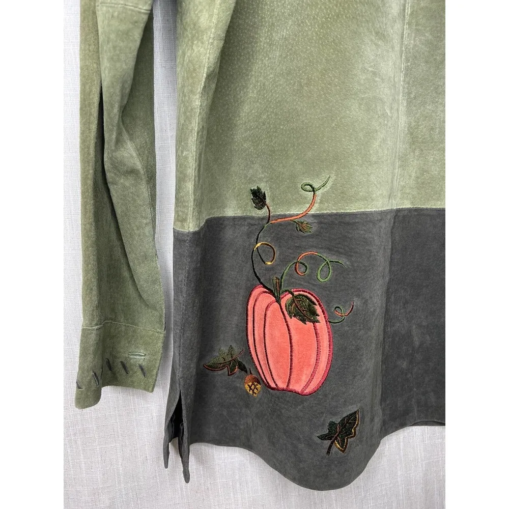 Quacker Factory  Womens Medium Sage Green Suede Leather Jacket Pumpkins Autumn - Image 11
