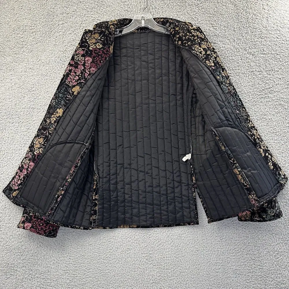 Unbranded Quilted Velour Floral Print Jacket Mandarin Dark Boho Flower Women's S Black - Image 2