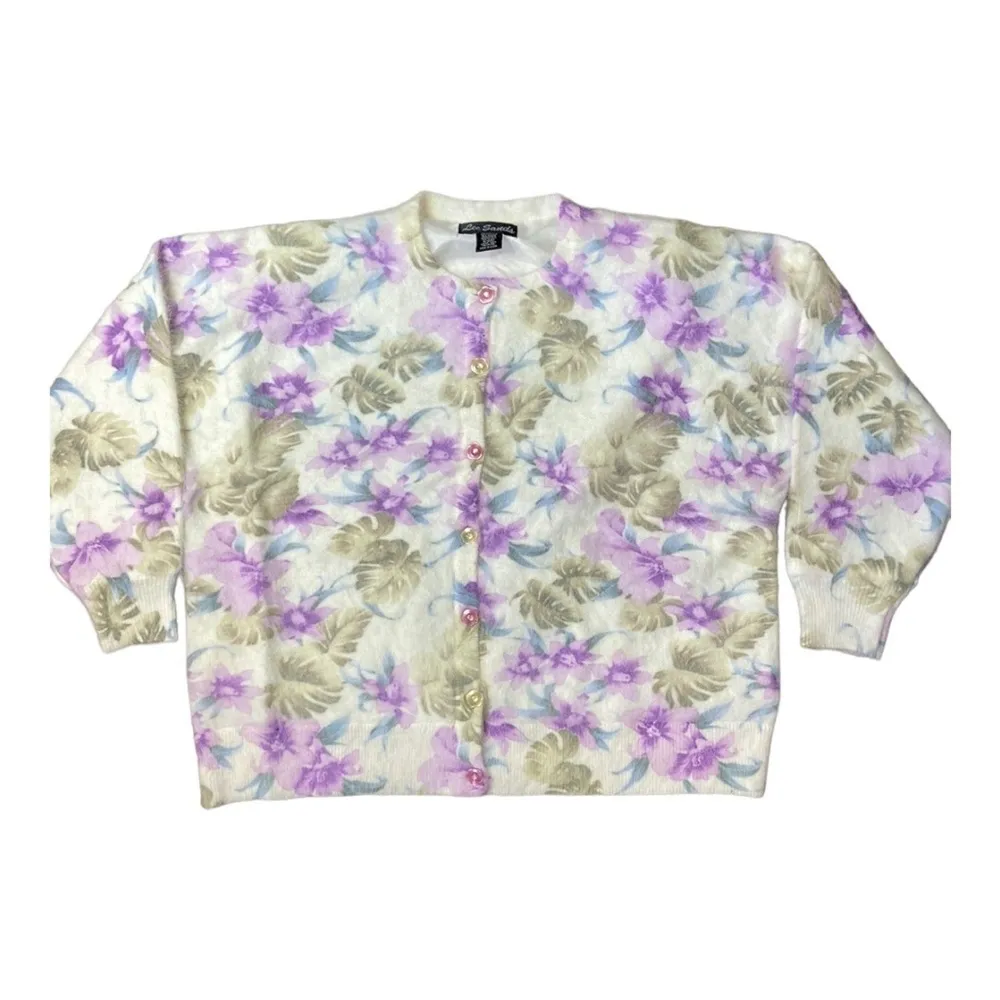 Lee Sands Women’s Orchid and Monstera Print Angora Cardigan Sweater Size 1X NWT - Image 3