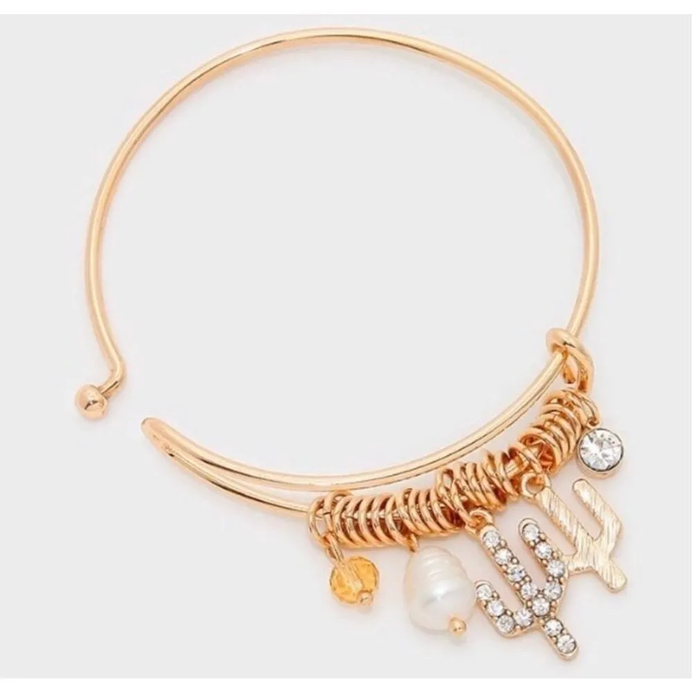 New Womens Boutique Gold & Crystal Charm Cactus Desert Hook Bracelet Gold - Image 2