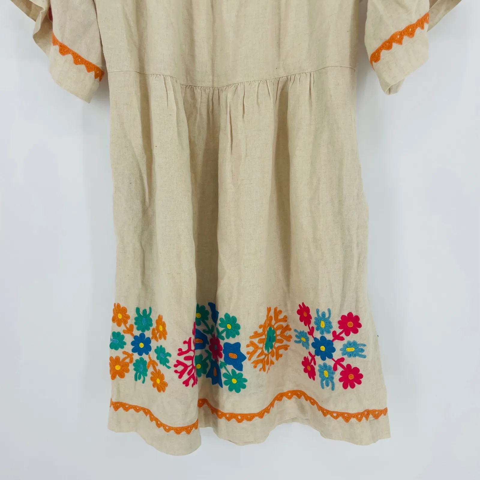 Uncle Frank Anthropologie Embroidered Linen Blend Dress Beige Floral Boho sz XS - Image 8