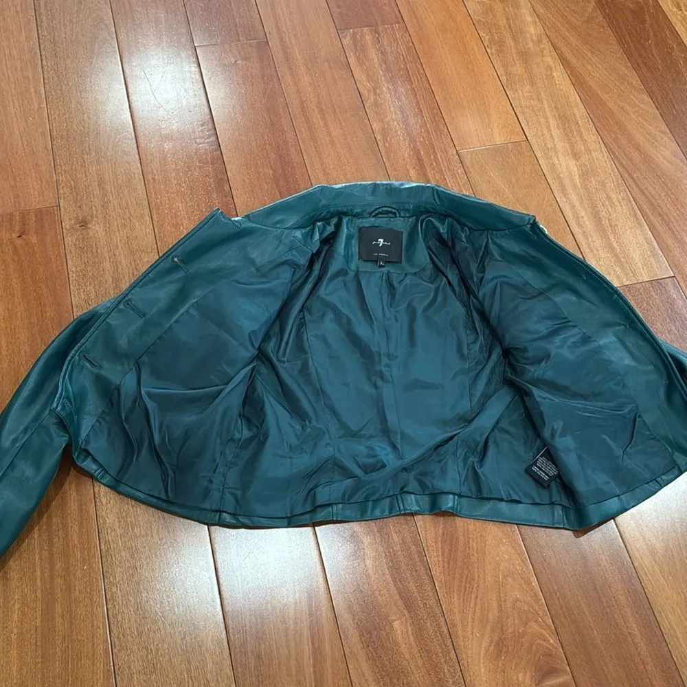 7 For All Mankind Womens Faux Leather Gold Button Up Crop Jacket Green Size L - Image 5