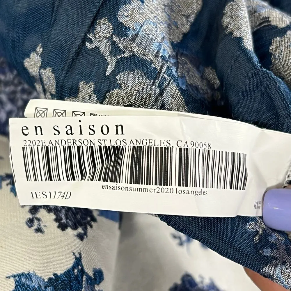 En Saison A Sight To See Peplum Midi Dress Womens L Navy Blue Floral Jacquard White Size L - Image 17