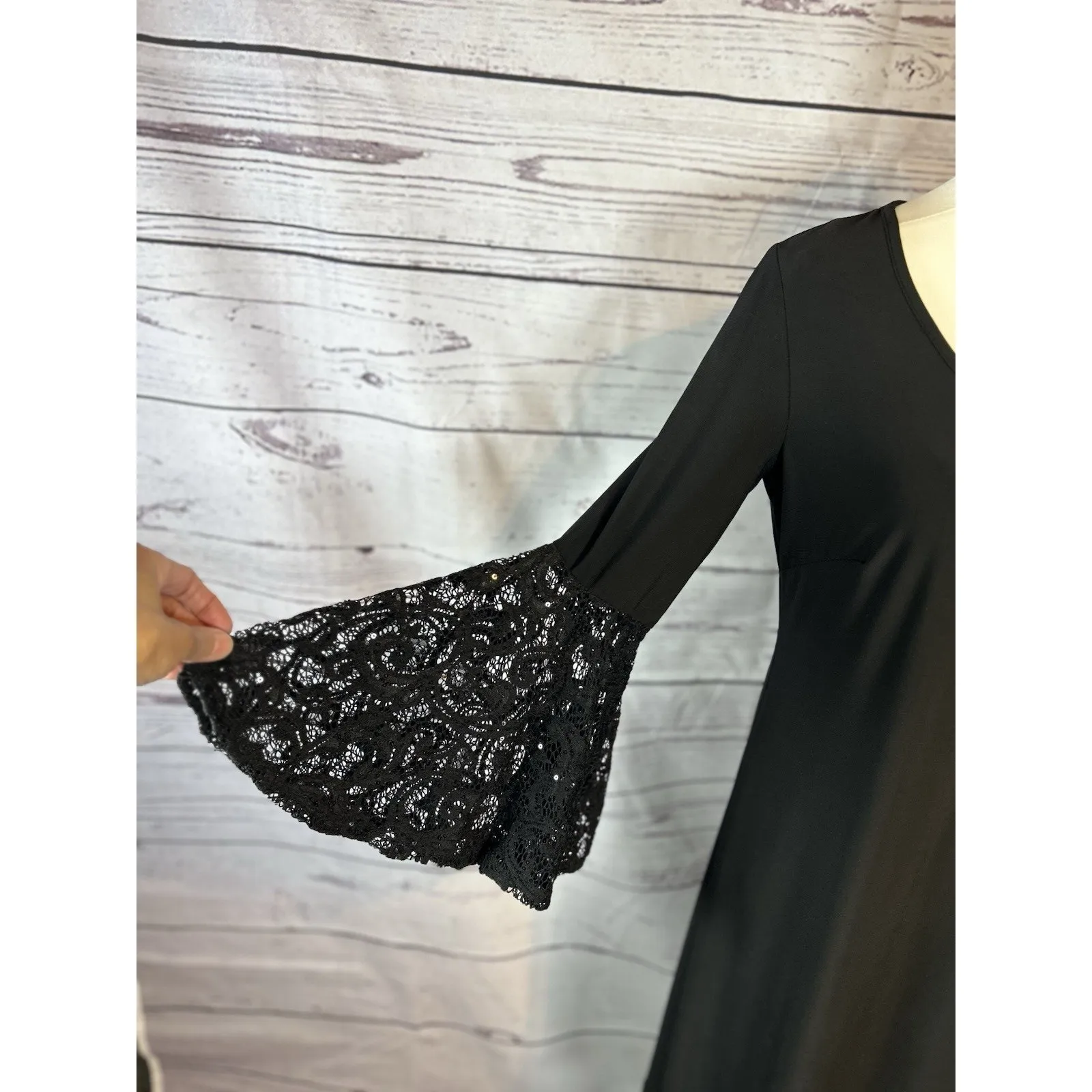 R&M Richards Black Lace Sequin Bell Sleeve Midi Dress Size 6 Gothic Cocktail - Image 5