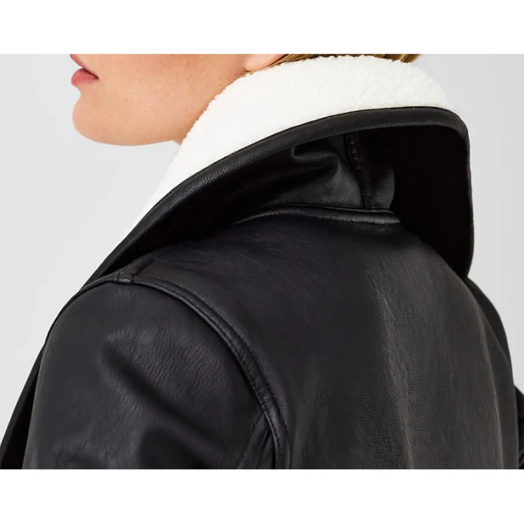 Spanx Fleece Faux Leather Long Wrap Jacket Very Black Snow Moto Sherpa Edgy Coat - Image 5
