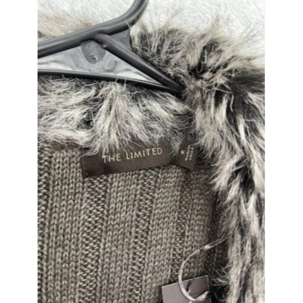 The Limited Women's Open Front Cardigan Faux Fur Collar Medium Wool Blend Taupe - Image 11