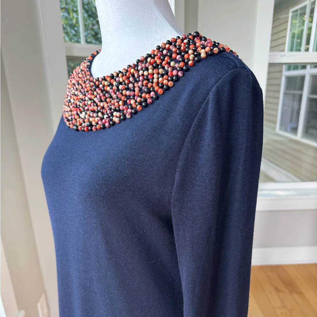 THEME Navy Blue Beaded Collar Flare Long Sleeve Knit A - Image 4