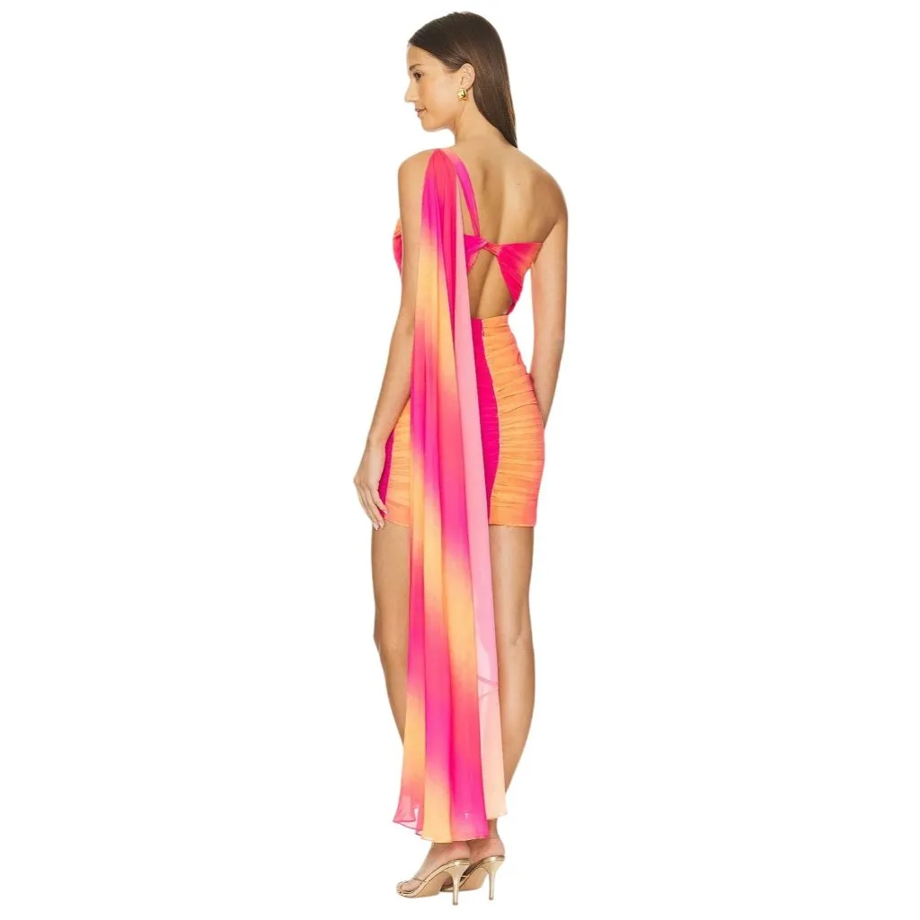 YAURA Folake Dress in Sunset Print Medium New Womens Ruched Cocktail Pink - Image 2
