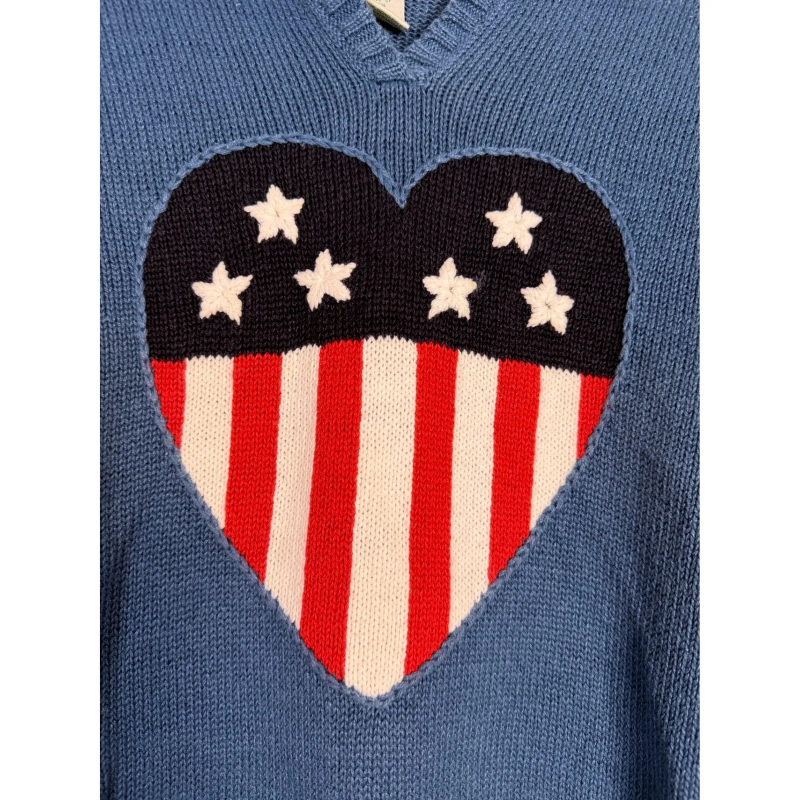 The Quaker Factory Blue Heart Flag USA Sweater Size M Ramie Cotton American Size M - Image 2