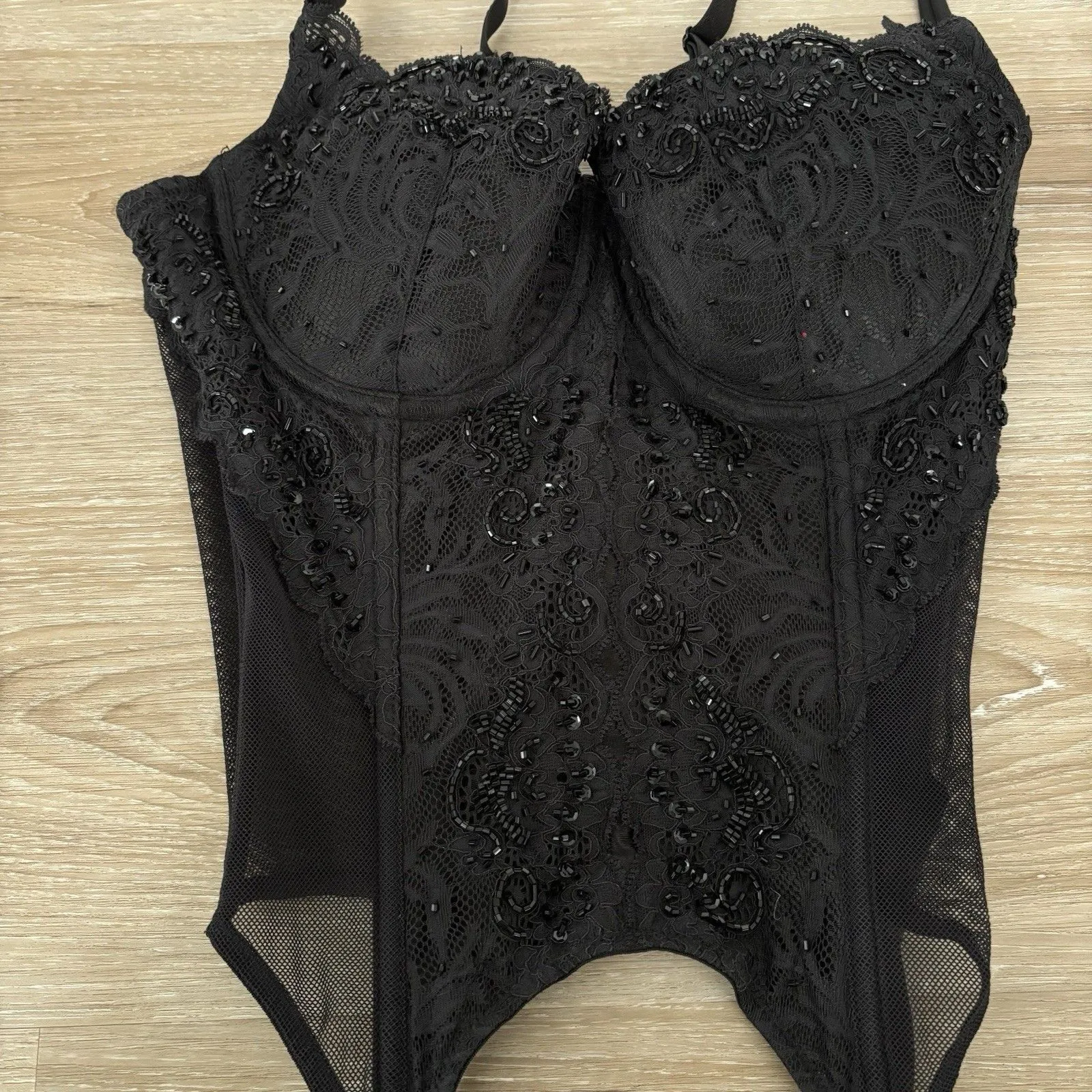Victoria Secret Black Corset Size 36C Beaded Bustier Mesh Lace Garter Lingerie - Image 4