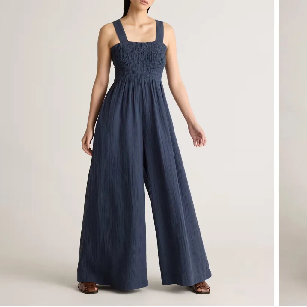 NWT Quince Navy Blue 100% Organic Cotton Gauze Smocked Wide Leg Jumpsuit Medium - Image 4