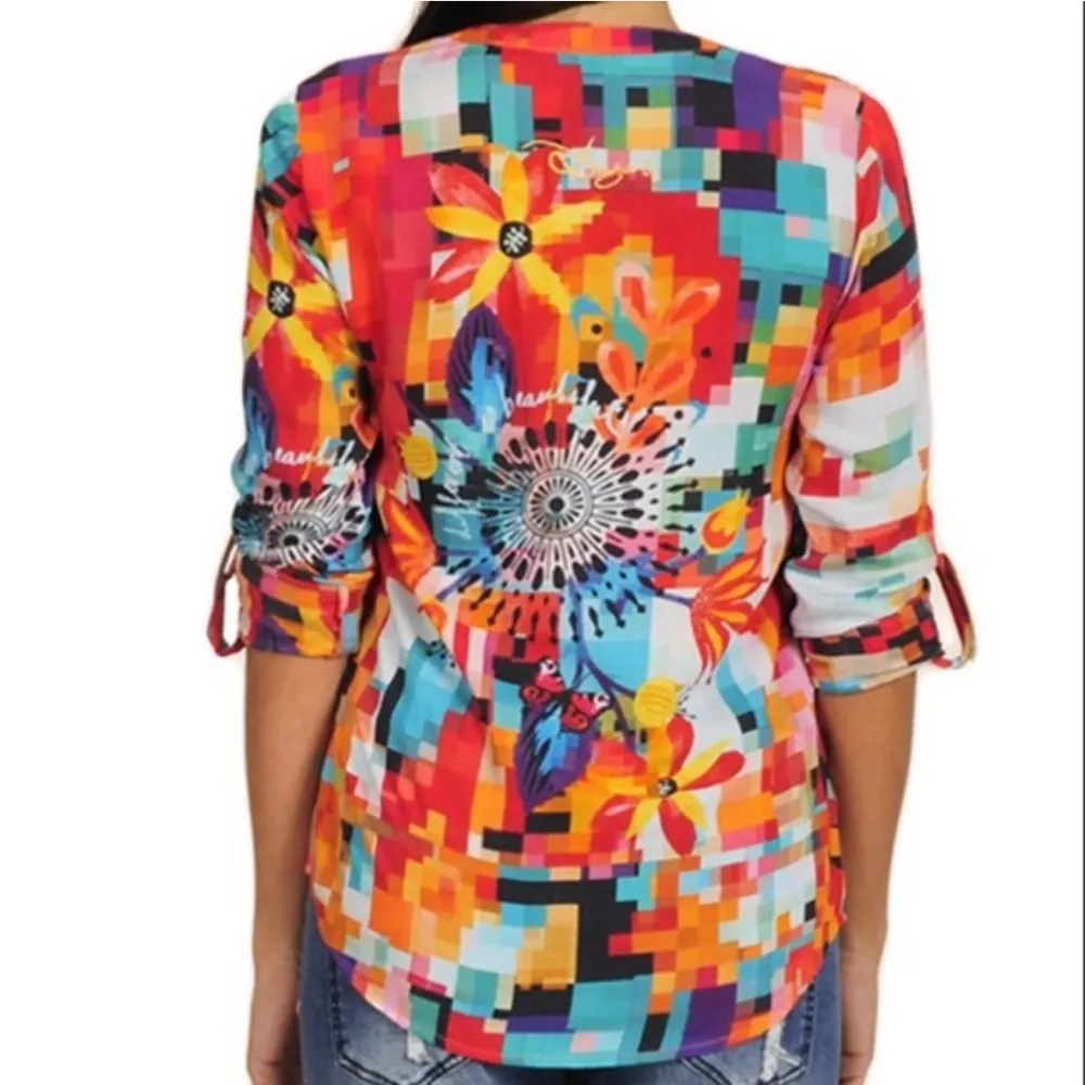 Desigual Colorful Pixelated Floral Print Camilia Rep Begona Long Sleeve Blouse - Image 4
