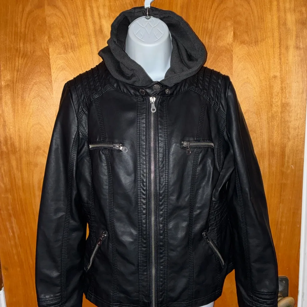 Lock & Love Black Vegen Leather Moto Jacket Detachable Hood - Image 2