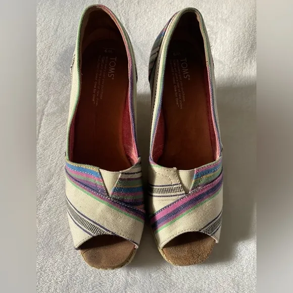 Toms Women’s Shoes Wedges Peep Toe Espadrilles Stripes Multicolored Size 9 - Image 2