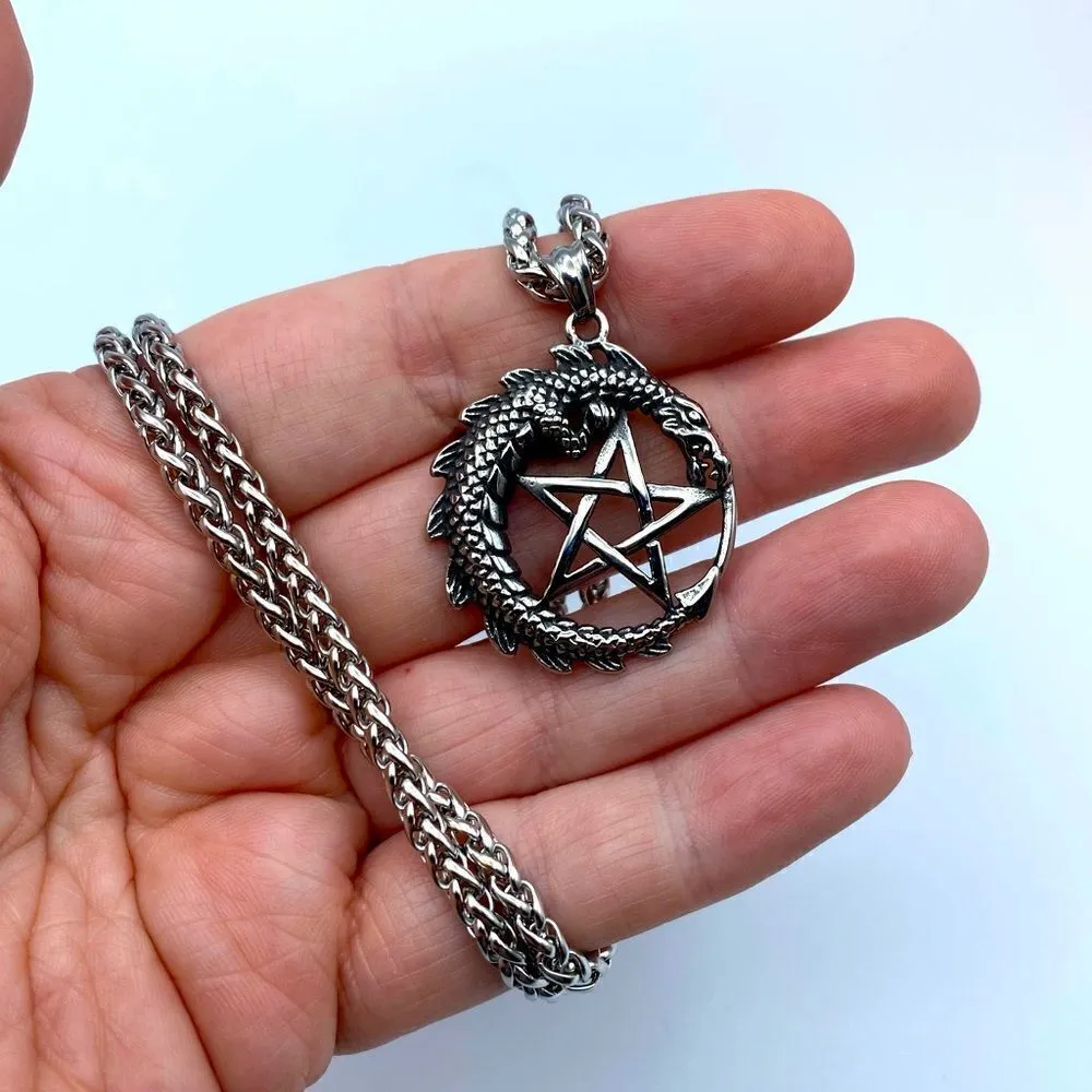 Stainless Steel Dragon Pentagram Necklace Wheat Chain Silver - Image 4