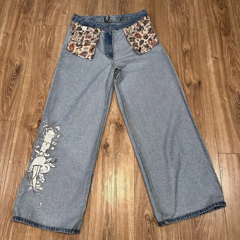 Ed Hardy Wide Leg Jeans 32 Hearts & Dagger Love Retro Y2K Back Buckle WEHD8500-4 - Image 9