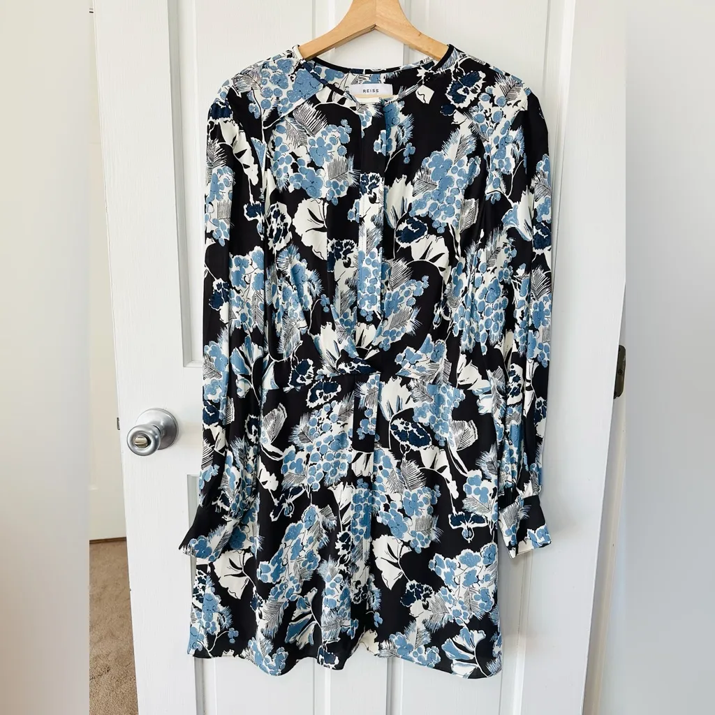REISS Abbie Blue Floral Printed Long Sleeve Mini Dress Size 6 - Image 4