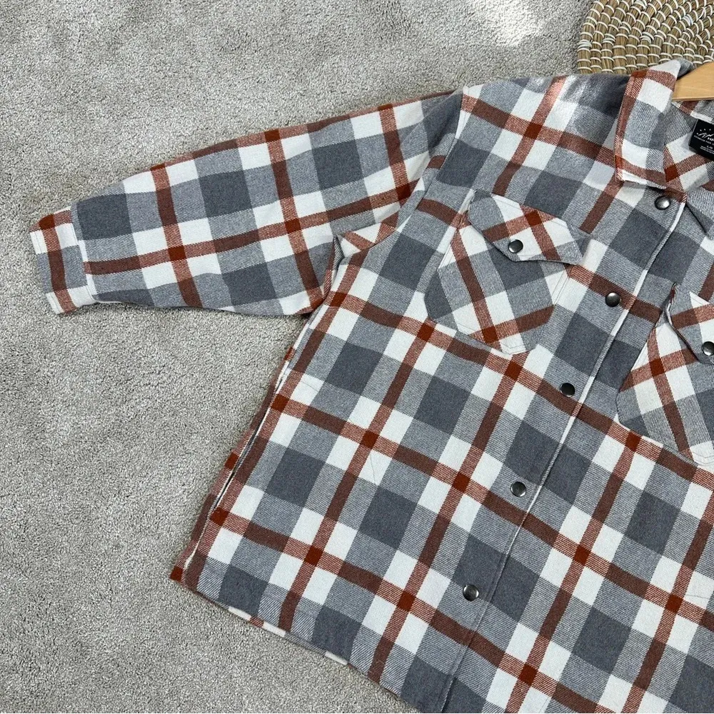 HFX Wool Blend Flannel Plaid Shacket Jacket Western Relaxed Fit Gray/Brown L Gray Size L - Image 15