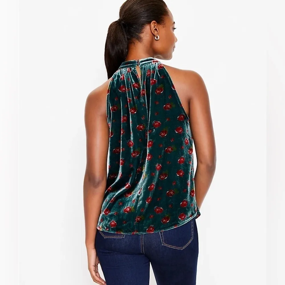 NWT Loft Floral Velvet Shirred Halter Top | Green Floral | XS - Image 2
