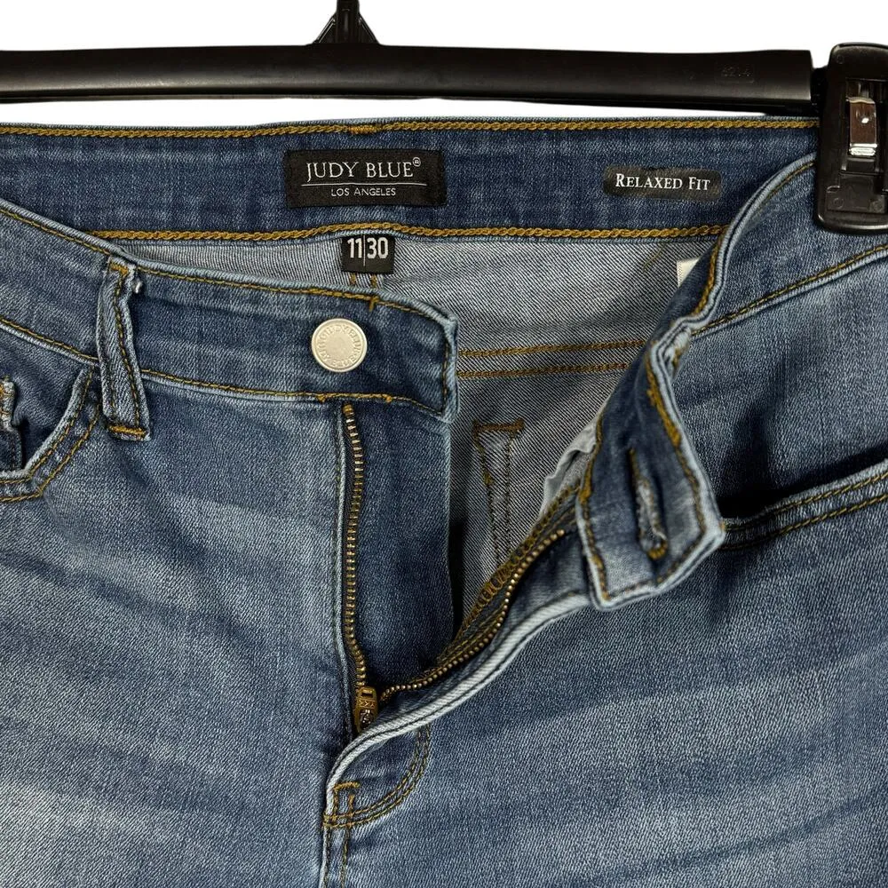 Judy Blue SZ 11/30 Relaxed Fit Jeans Mid-Rise Stretch Zip-Fly Whiskered Blue - Image 3