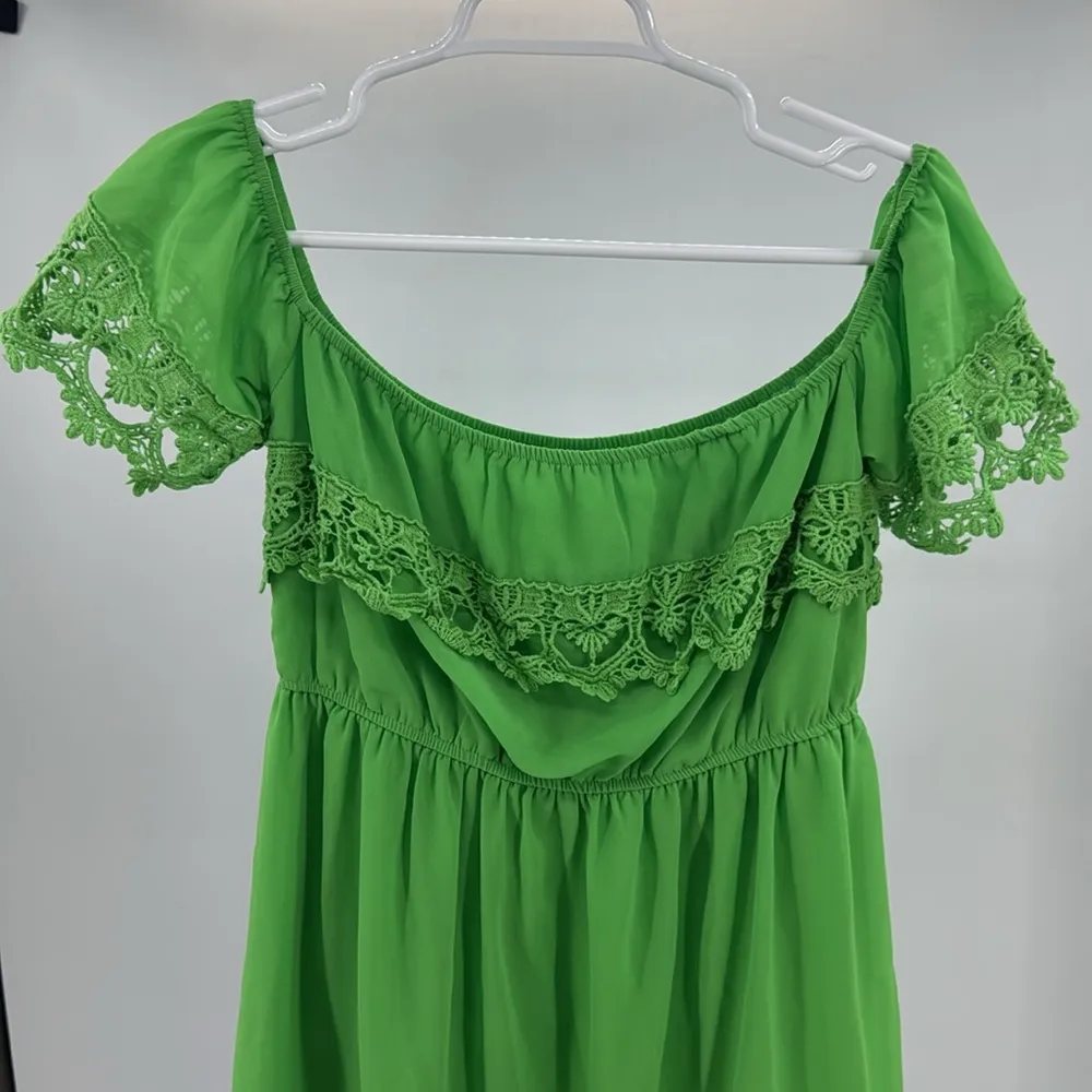 Umgee Green Mini off the shoulder lace trim detail dress M lined bright festival - Image 6