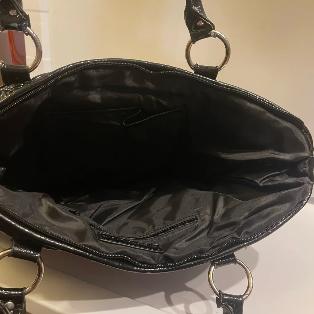 Woman’s black shiny ruffled tote handbag purse bag - Image 3