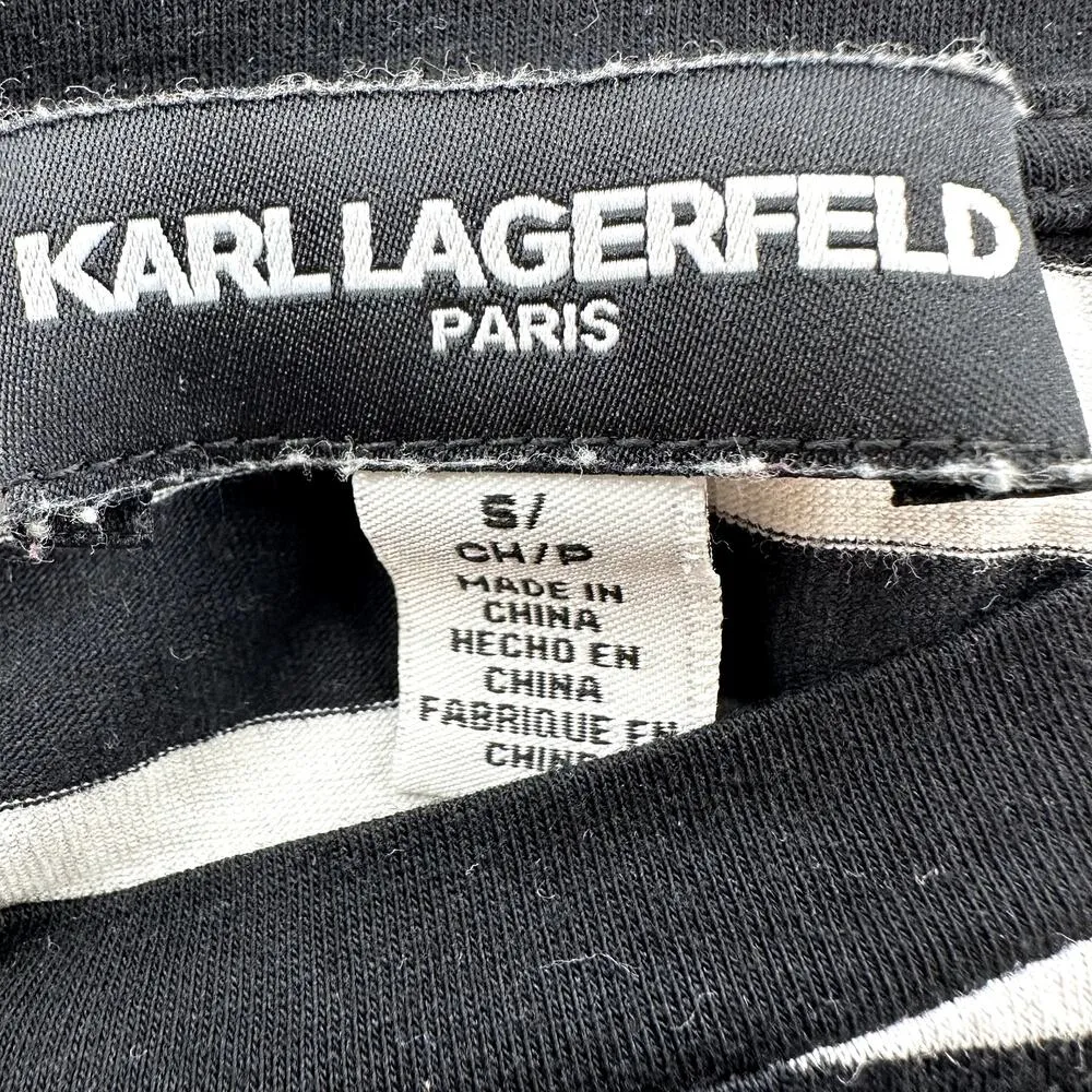 Karl Lagerfeld Collegiate Stripe Tee Poof Puff Sleeve Knitted White Black Small - Image 3