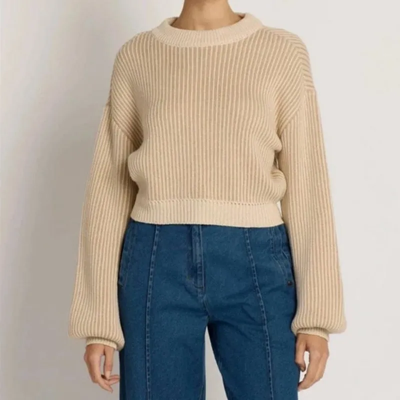 Cleobella Sydney Sweater Hand Knit Cotton Crew Two Tone Ivory Stripe Size L NWT - Image 13