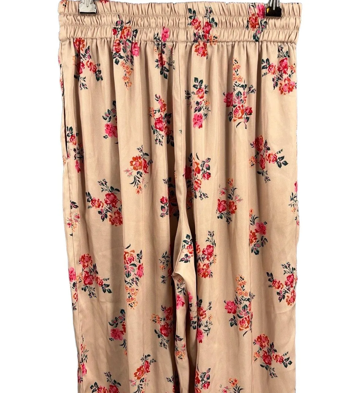 WAYF Wide Leg Floral Print Pants Elastic Waist Pockets Silky Beige Size M - Image 3