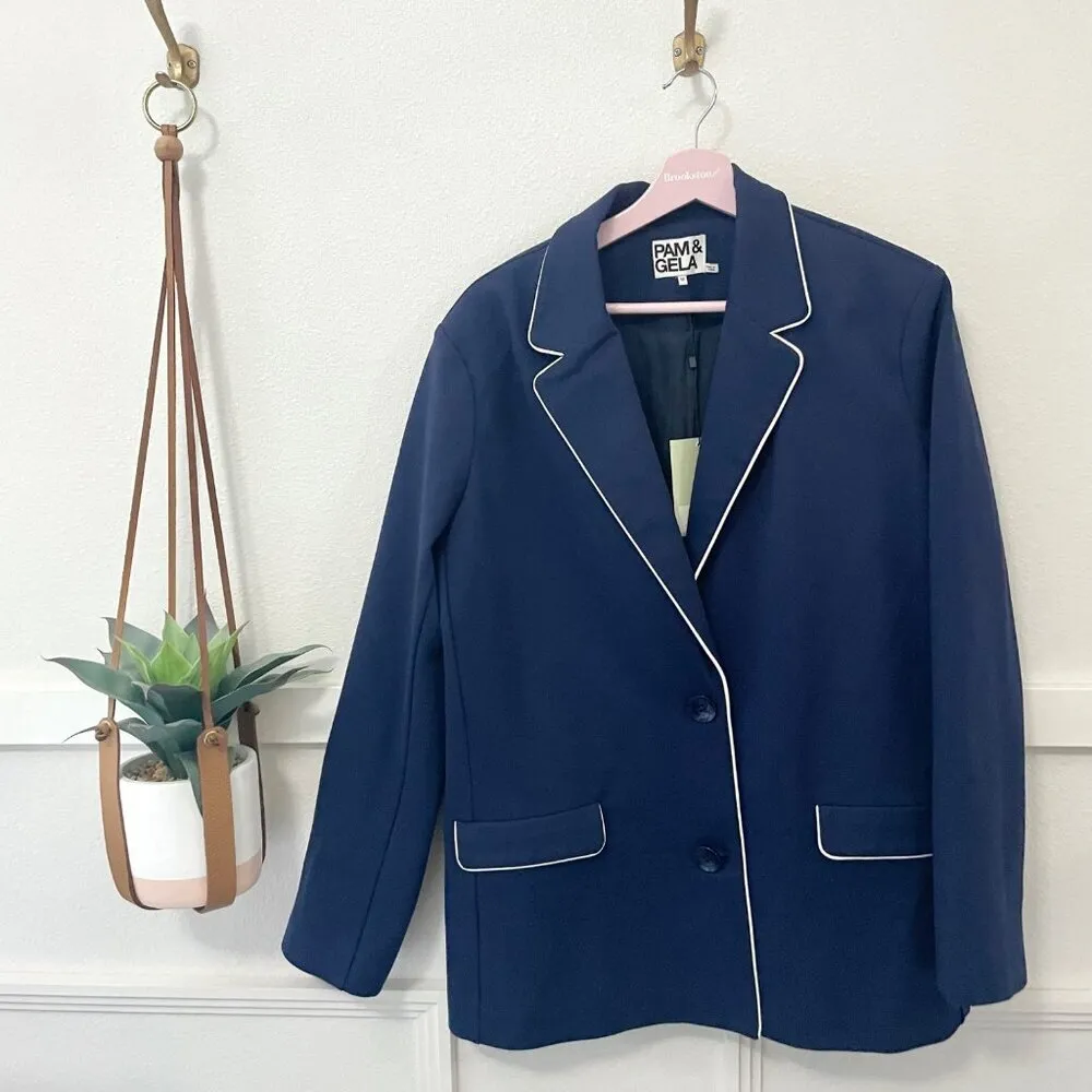 NWT Pam & Gela Boyfriend Track Blazer Navy Women’s Size M Oversized Tailored - Image 2