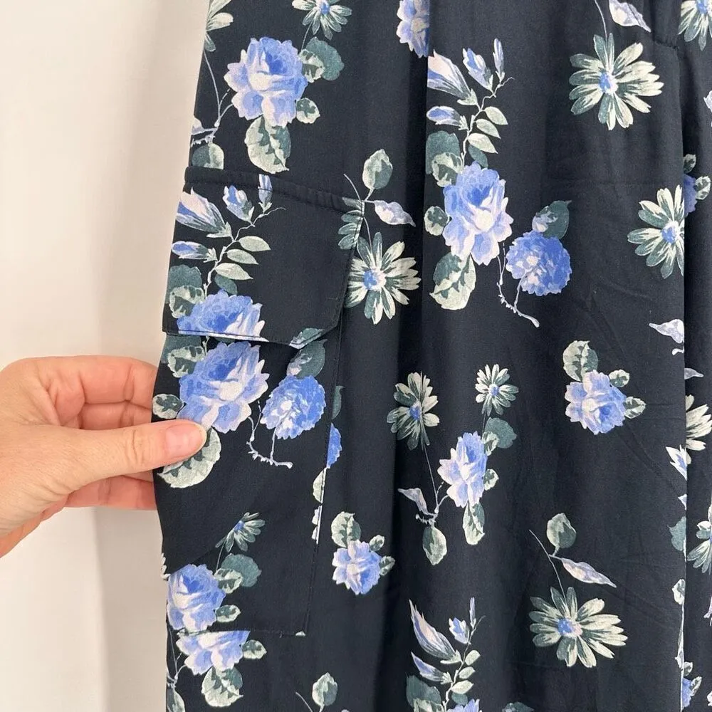 Becken Women's Floral Pleated Silk Blend Cropped Culottes Pants Navy Blue Size 6 - Image 10