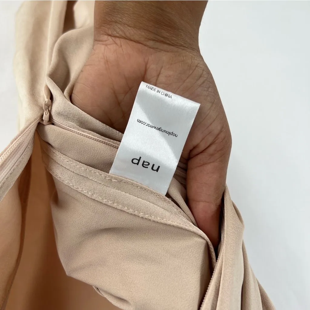 Nap Loungewear Elegant Matte‎ Satin Nude Spaghetti Strap Midi Slit Dress Size M Tan Size M - Image 14