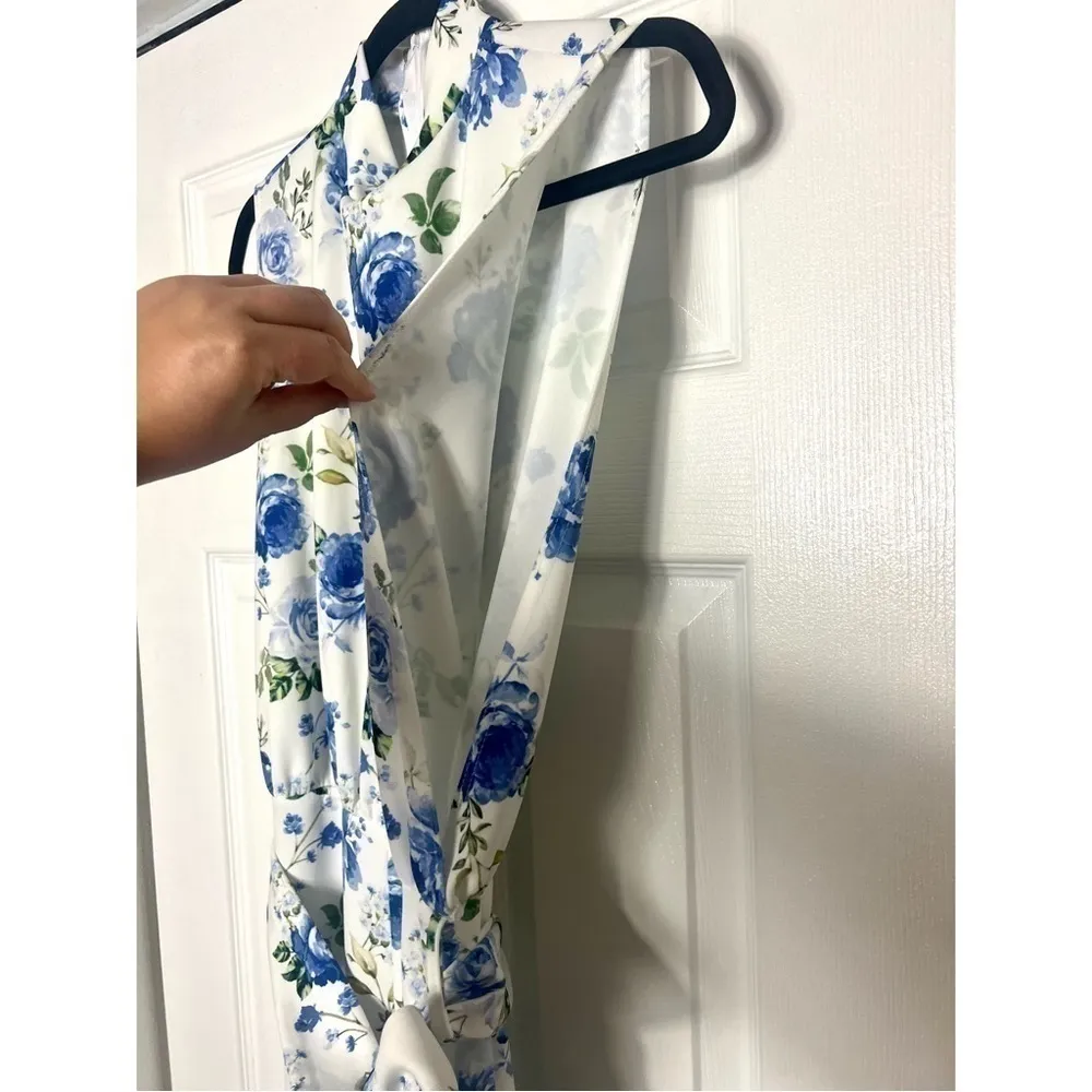 PLT White Blue Floral Scuba High Neck Tie Waist Jumpsuit Women’s Size 12 - Image 8