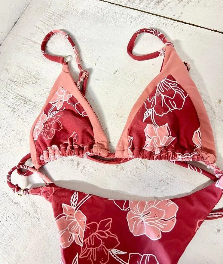 KB Swim Floral Bikini Top & High Leg Bikini Bottom Set Red/Pink Women's Size S Red - Image 3
