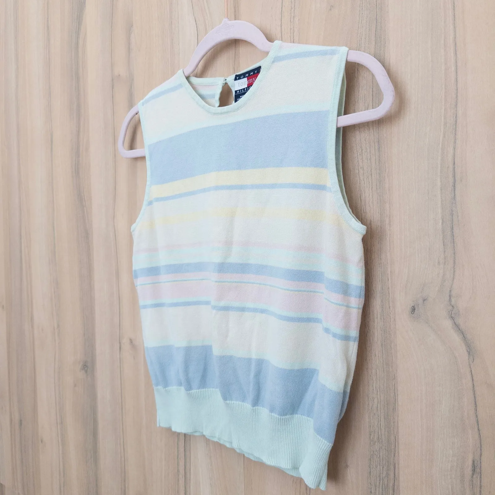 VTG Y2K Tommy Hilfiger Womens Sleeveless Sweater Top Size M Pastel Stripe Preppy - Image 7