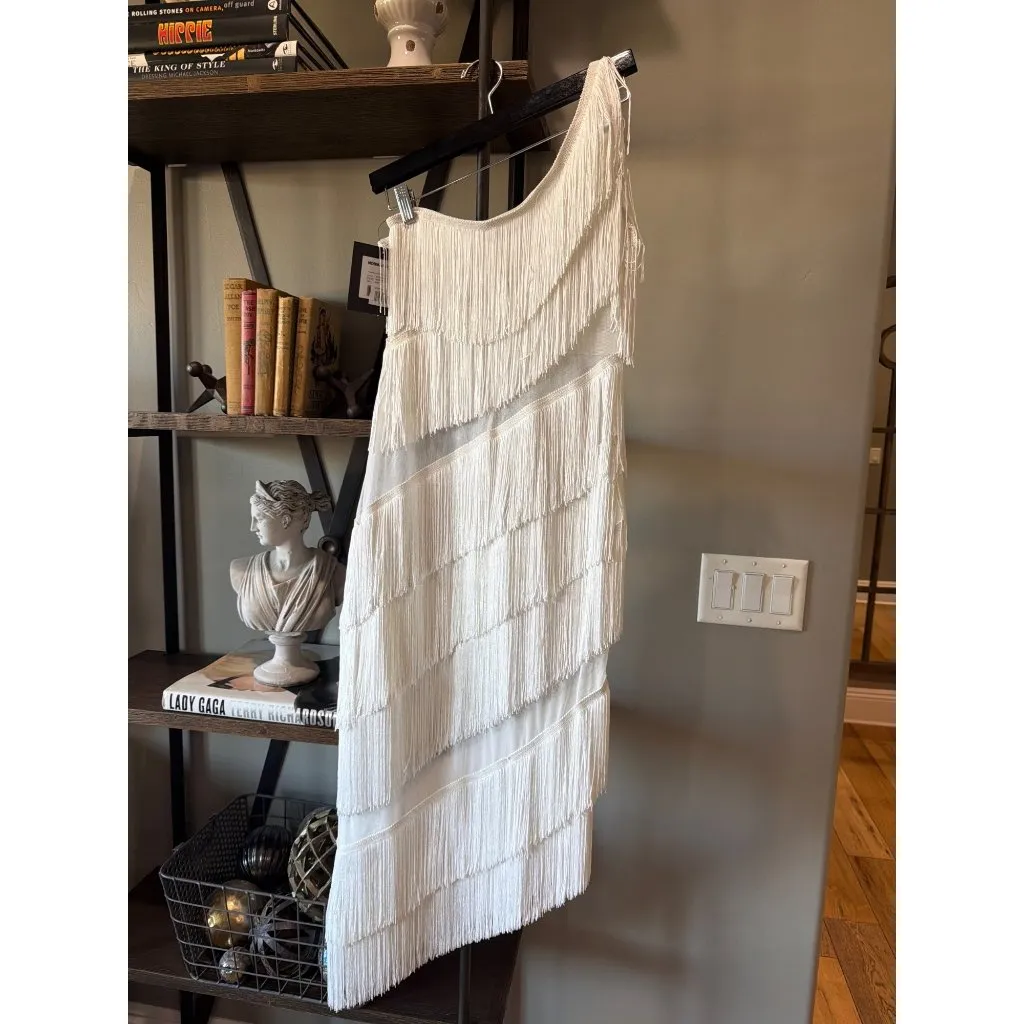 Norma Kamali Spliced One Shoulder Mid Calf Dress All Over Fringe Snow White Wome - Image 8