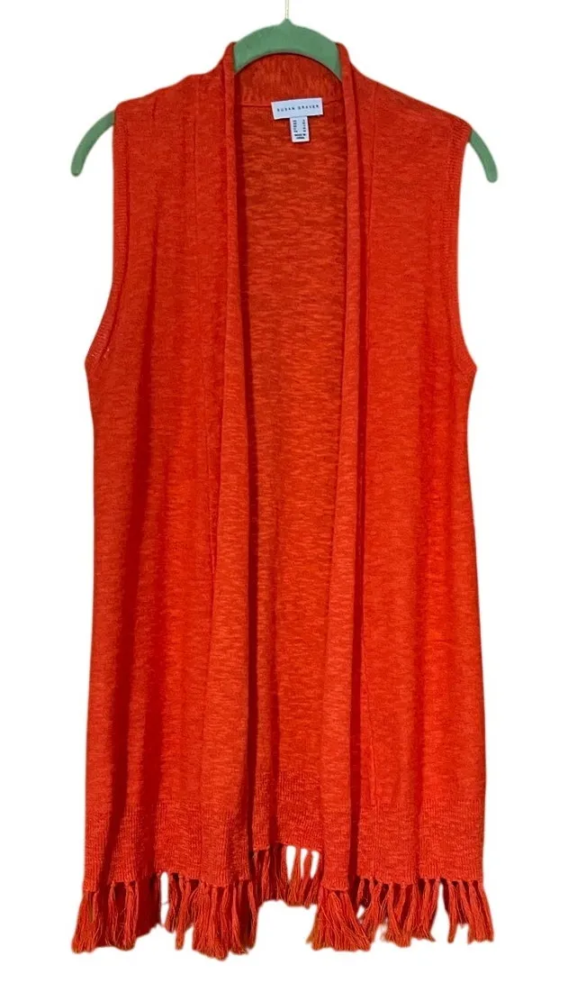 Susan Graver Size Small Salmon Orange Linen Cotton Sweater Open Vest Fringe - Image 1