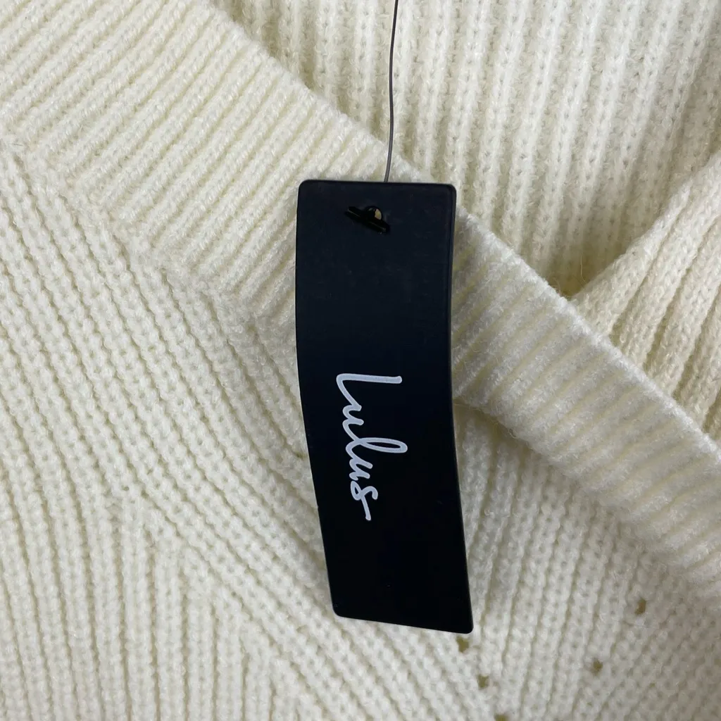 NEW Lulus Trendy Forecast Ivory Pointelle Knit Mock Neck Cutout Sweater Small - Image 8