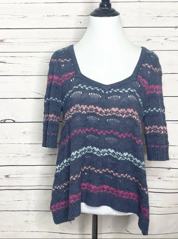 Free People Cropped Keyhole Sweater Top Size Medium Blue Stripe Wool Blend - Image 11